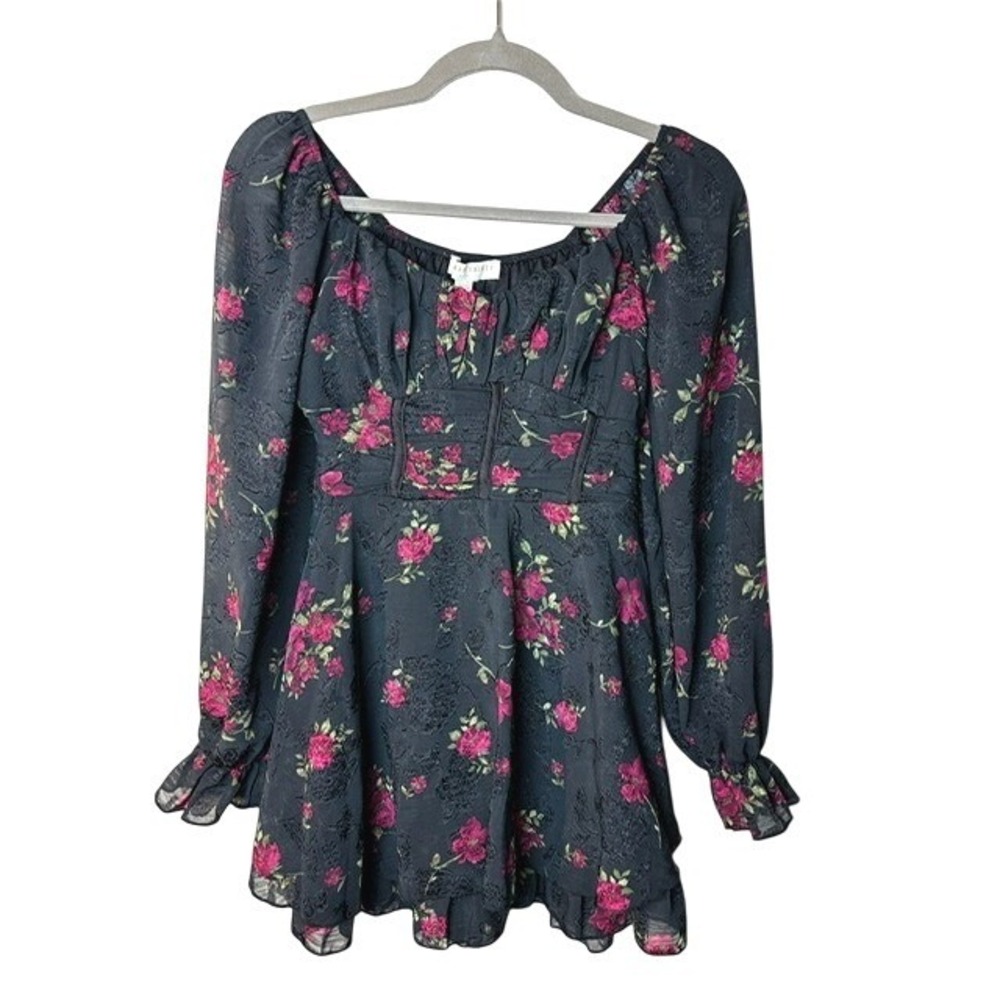 Womens XS Dark Floral Babydoll Mini Dress Corset Long Sleeve Romance Gothic